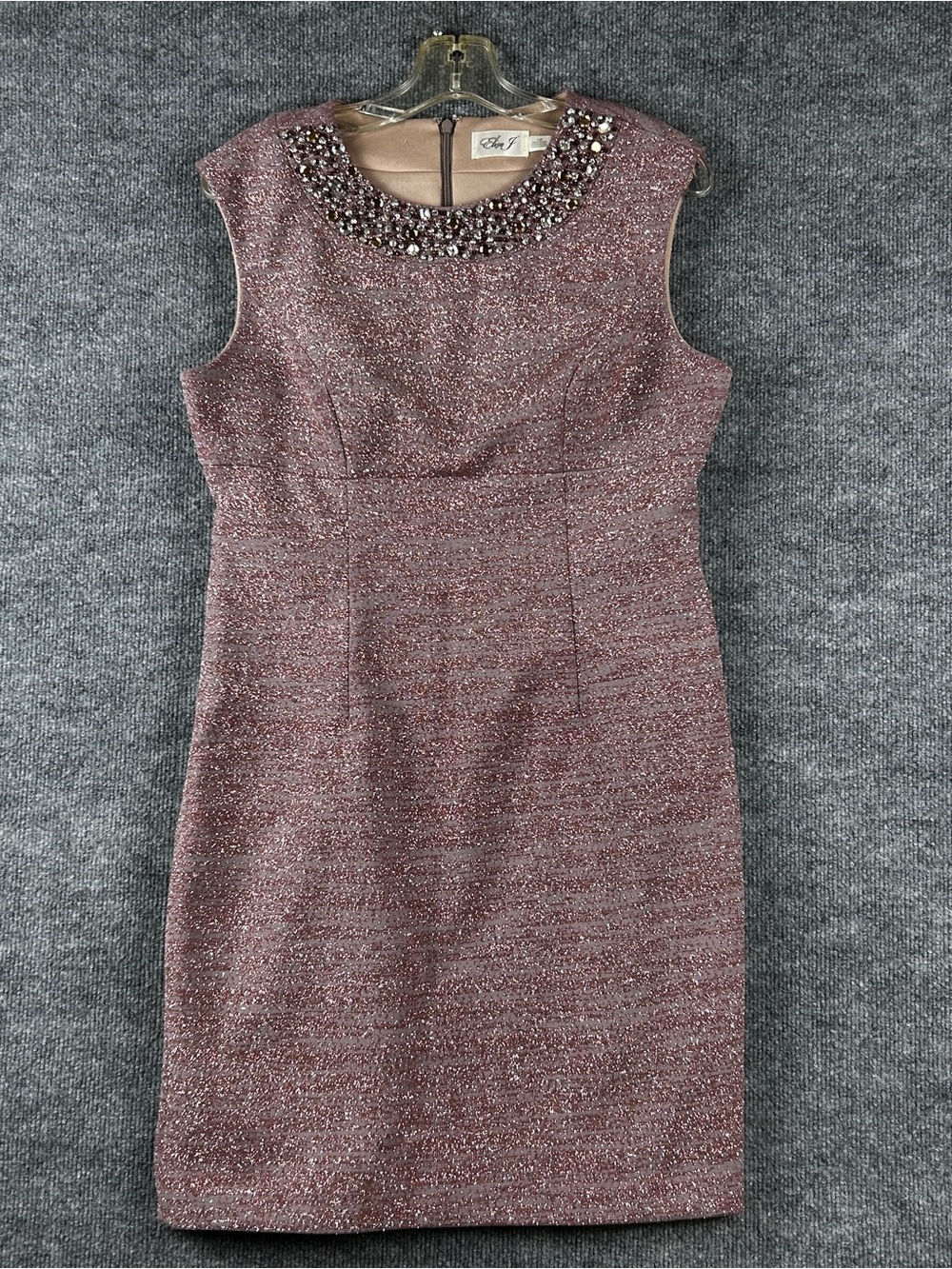 Eliza J Mauve Metallic Beaded Jewel Neckline Sheath Cocktail Dress Size 12P